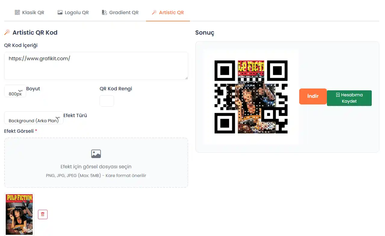 Artistic QR oluşturma ekranı