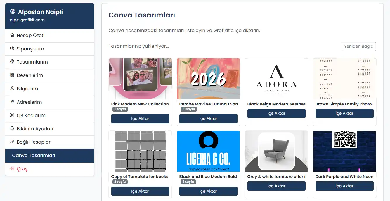 Canva tasarımlarını içe aktarma ekranı