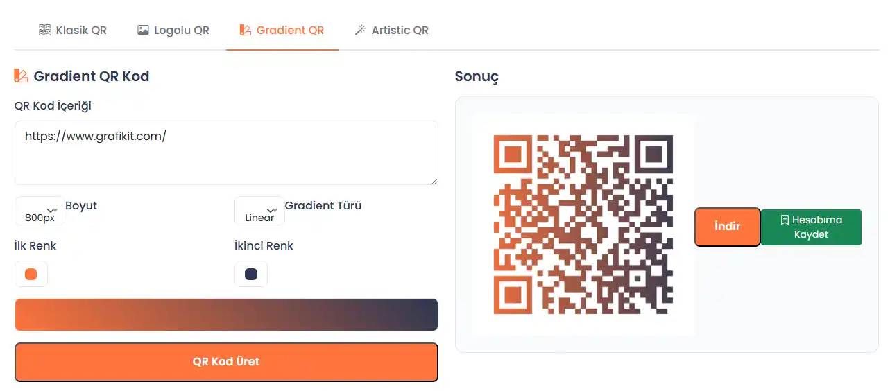 Gradient renkli QR oluşturma ekranı
