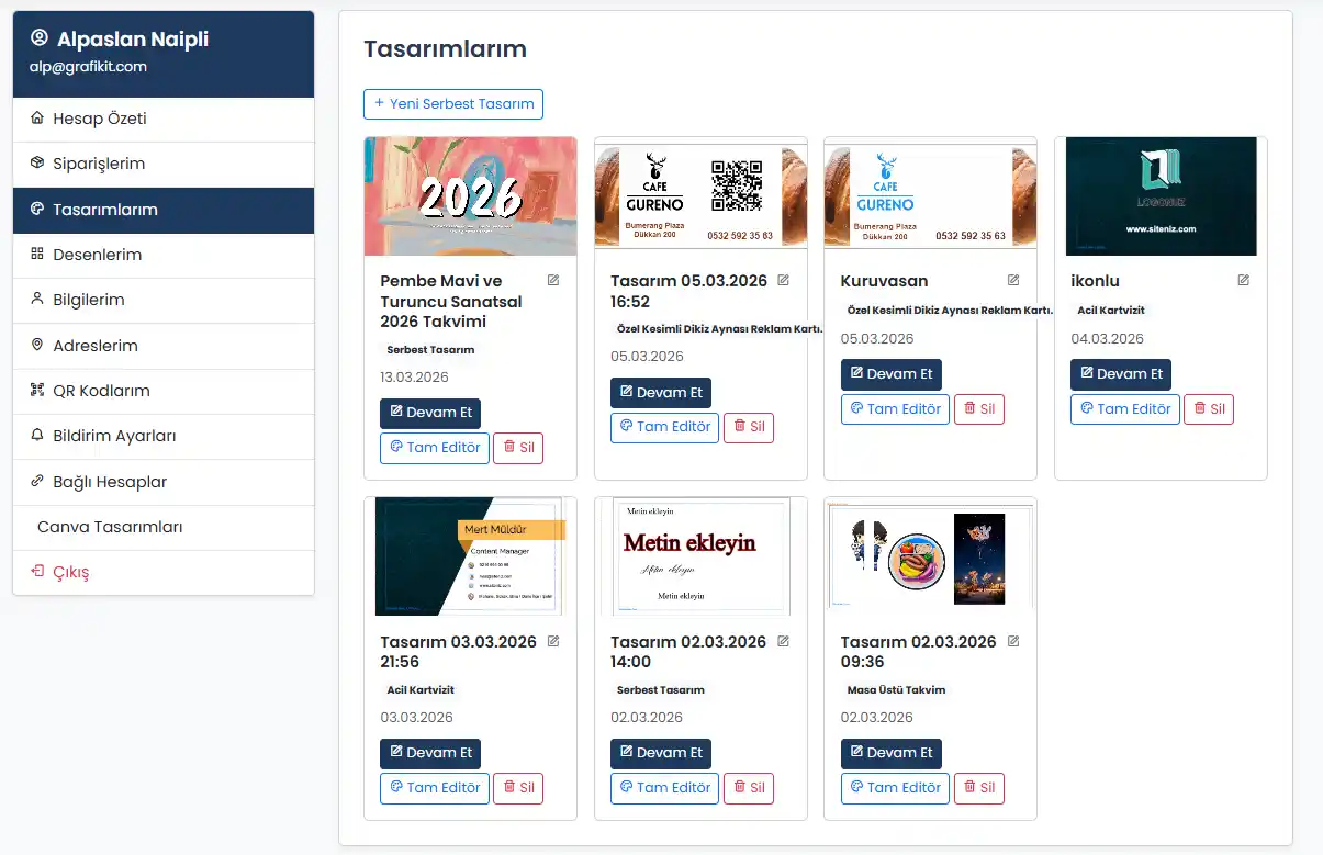 Tasarımlarım ekranı