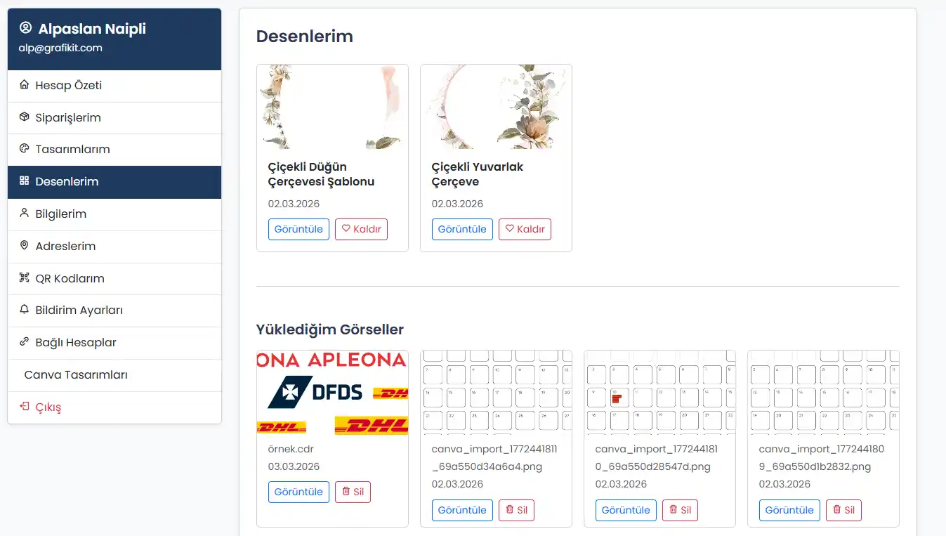 Yüklediğim ve favori desenler ekranı
