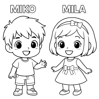 Çocuk Karakterli Mutlu Kardeş Çifti Tasarım Figürleri