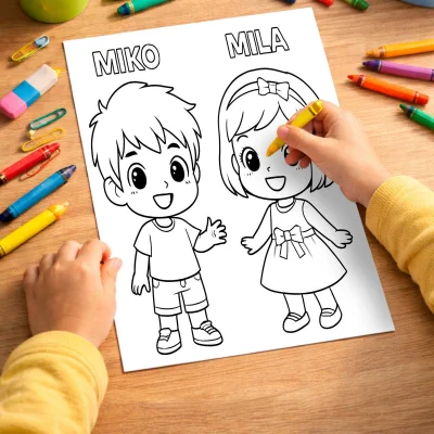 Çocuk Karakterli Mutlu Kardeş Çifti Tasarım Figürleri mockup