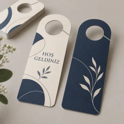 Kuşe kapı askı broşürünün ön ve arka yüzünü gösteren temsili mockup