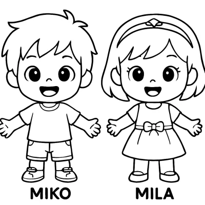Mutlu Çocuklar Boyama Sayfası - Kız ve Erkek Karakter