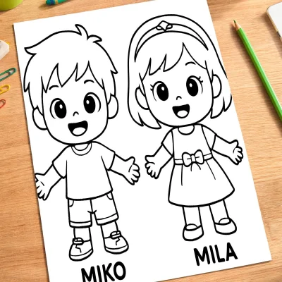 Mutlu Çocuklar Boyama Sayfası - Kız ve Erkek Karakter mockup
