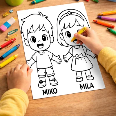 Mutlu Çocuklar Boyama Sayfası - Kız ve Erkek Karakter mockup