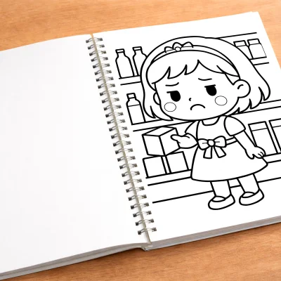 Üzgün Kız Çocuğu Boyama Sayfası - Mutfak Temalı Boyama Kitabı mockup