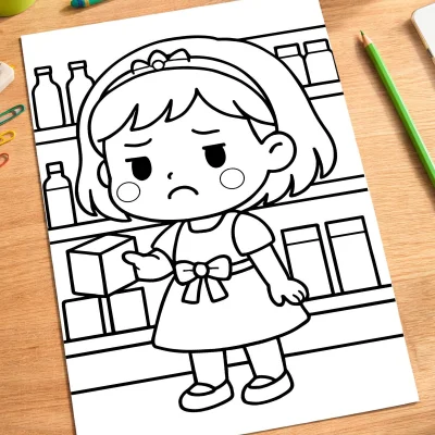 Üzgün Kız Çocuğu Boyama Sayfası - Mutfak Temalı Boyama Kitabı mockup