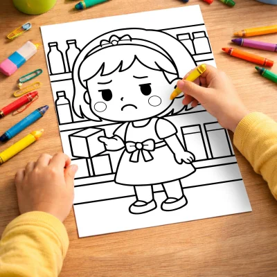 Üzgün Kız Çocuğu Boyama Sayfası - Mutfak Temalı Boyama Kitabı mockup