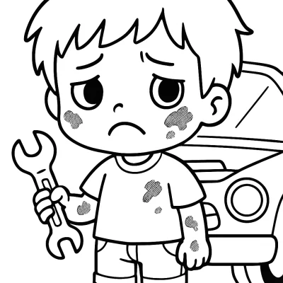 Üzgün Tamirci Çocuk Boyama Sayfası - Anahtarlı Karakter