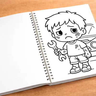 Üzgün Tamirci Çocuk Boyama Sayfası - Anahtarlı Karakter mockup