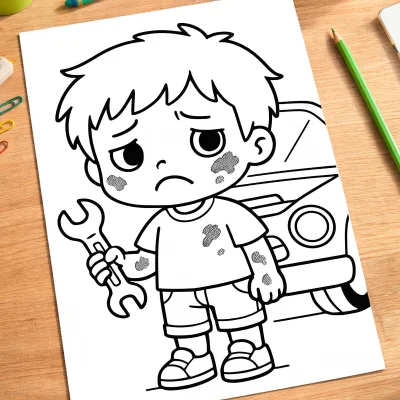 Üzgün Tamirci Çocuk Boyama Sayfası - Anahtarlı Karakter mockup