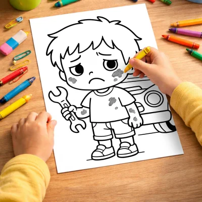 Üzgün Tamirci Çocuk Boyama Sayfası - Anahtarlı Karakter mockup