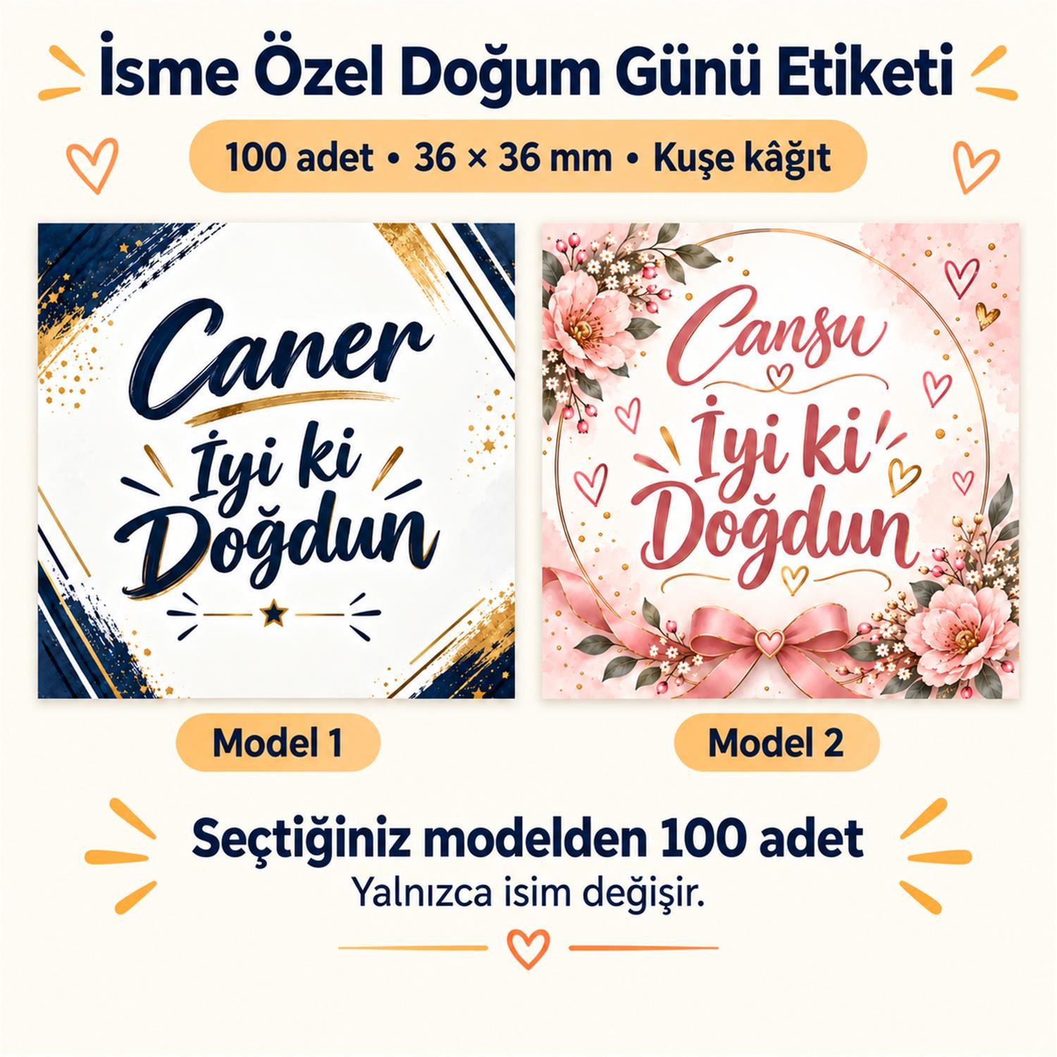 İsme Özel Doğum Günü Çikolata Etiketi 100 Adet 36 × 36 mm Kuşe Kâğıt