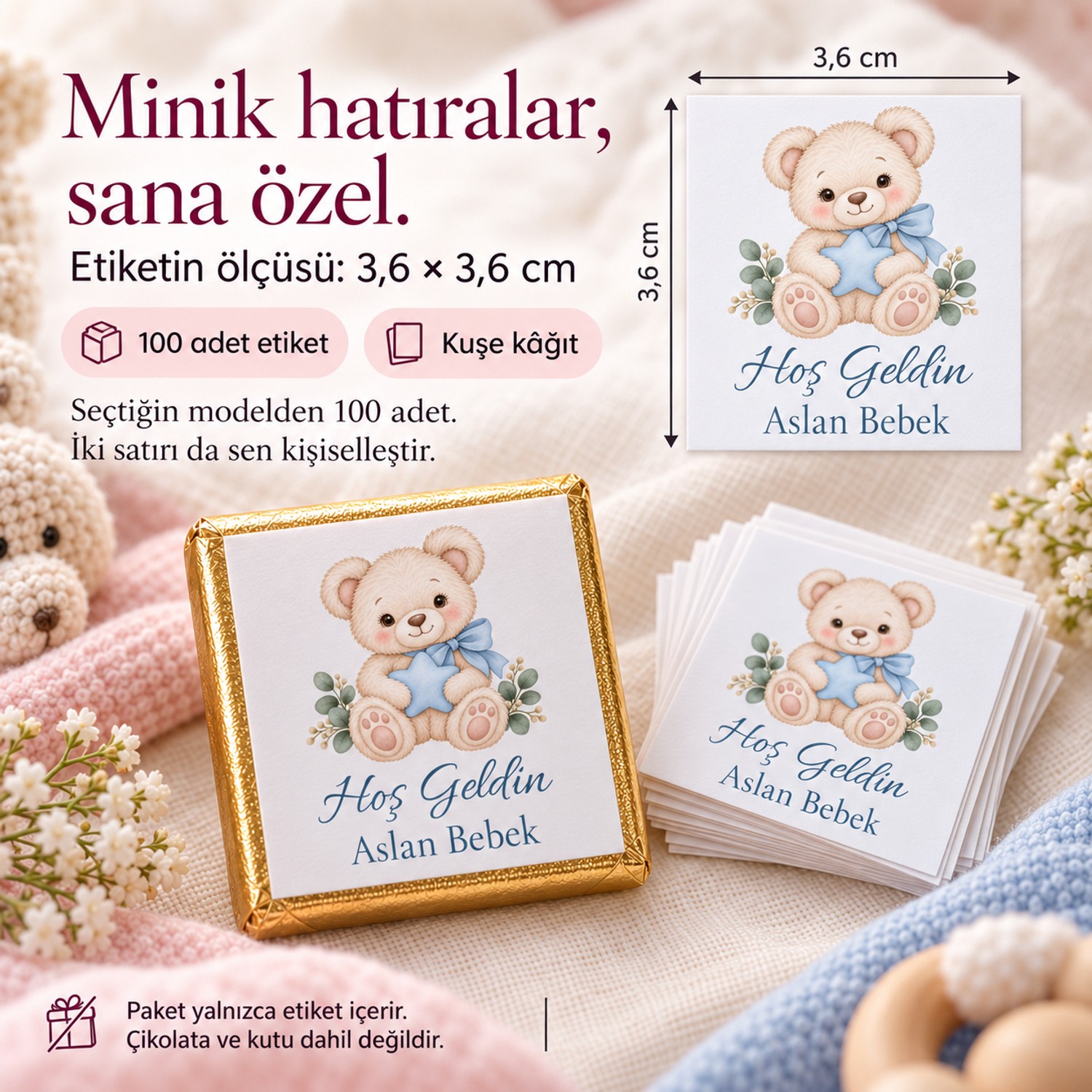 Kişiye Özel Yenidoğan Bebek Çikolata Etiketi 100 Adet 36 × 36 mm Kuşe Kâğıt
